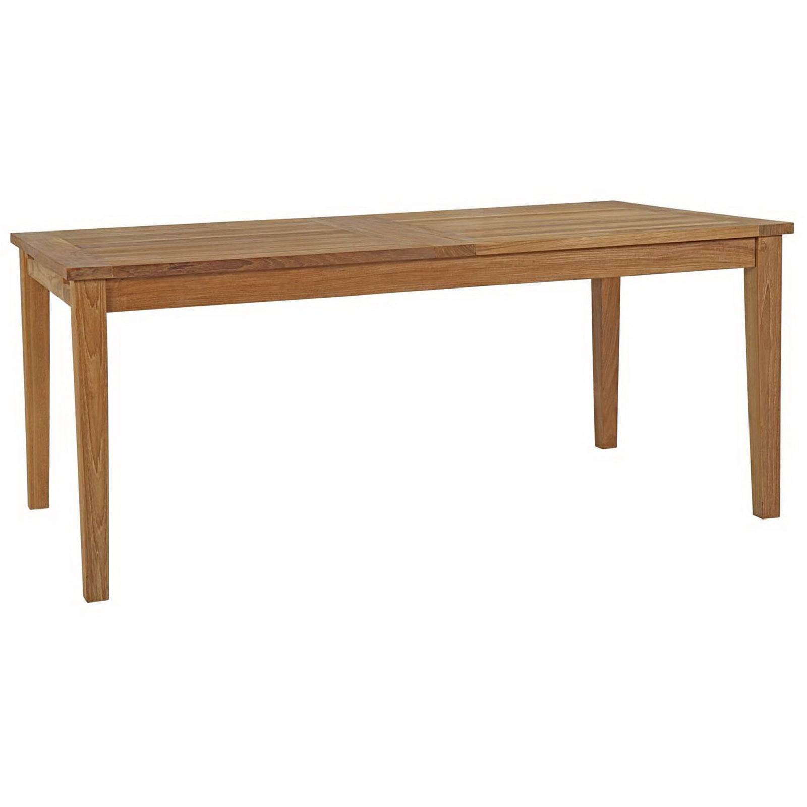 Sturdy teak patio dining table with tapered legs and warm natural wood tone || EEI-2714-NAT || front_angle_studio