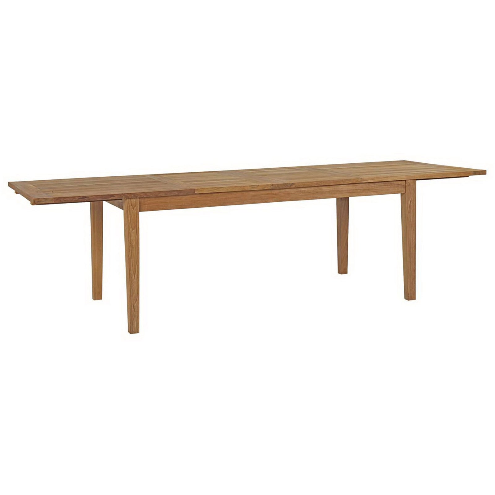Teak extendable dining table at full length for spacious outdoor entertaining || EEI-2714-NAT || front_angle_converted_studio