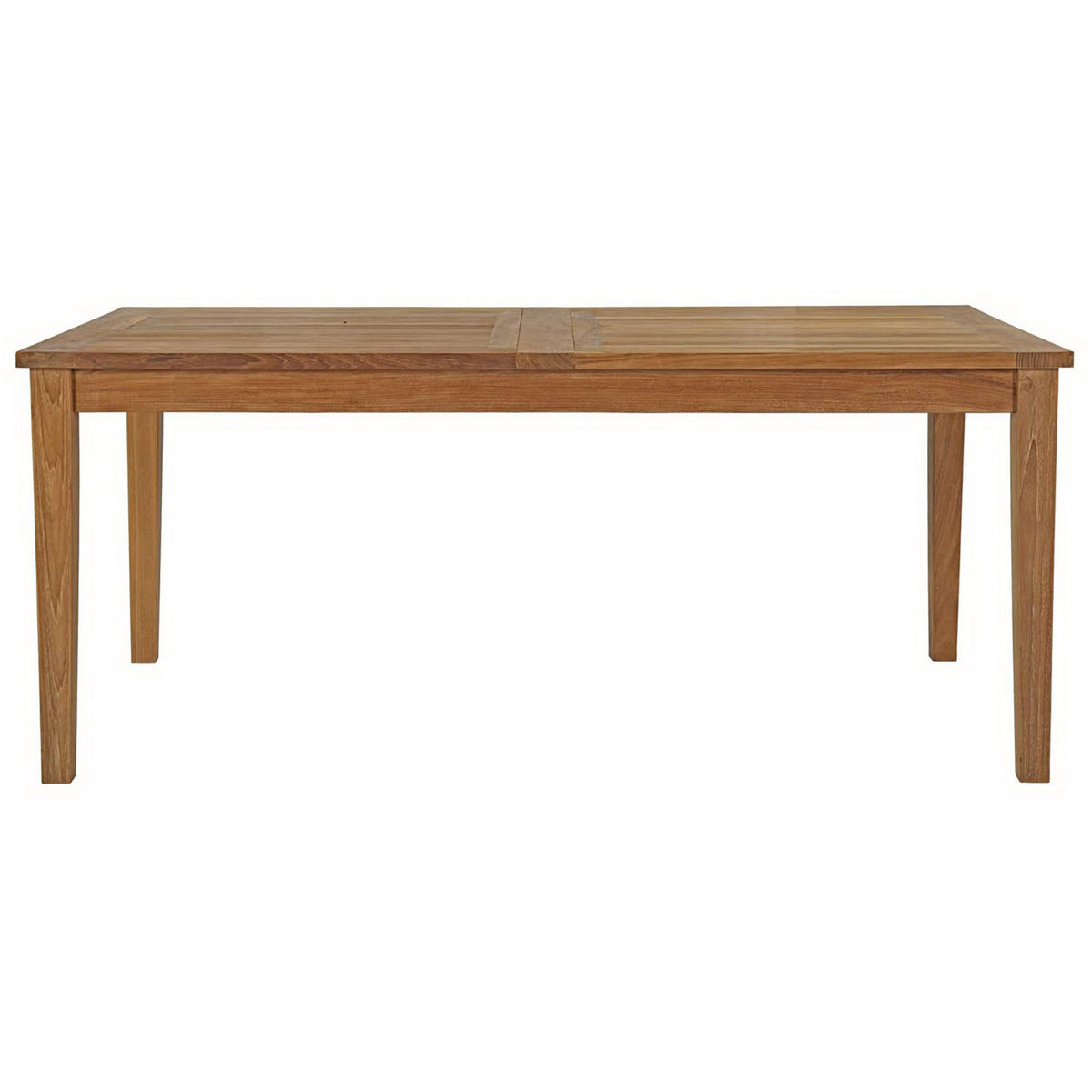 Natural teak extendable patio dining table with clean lines and slatted plank top || EEI-2714-NAT || front_studio
