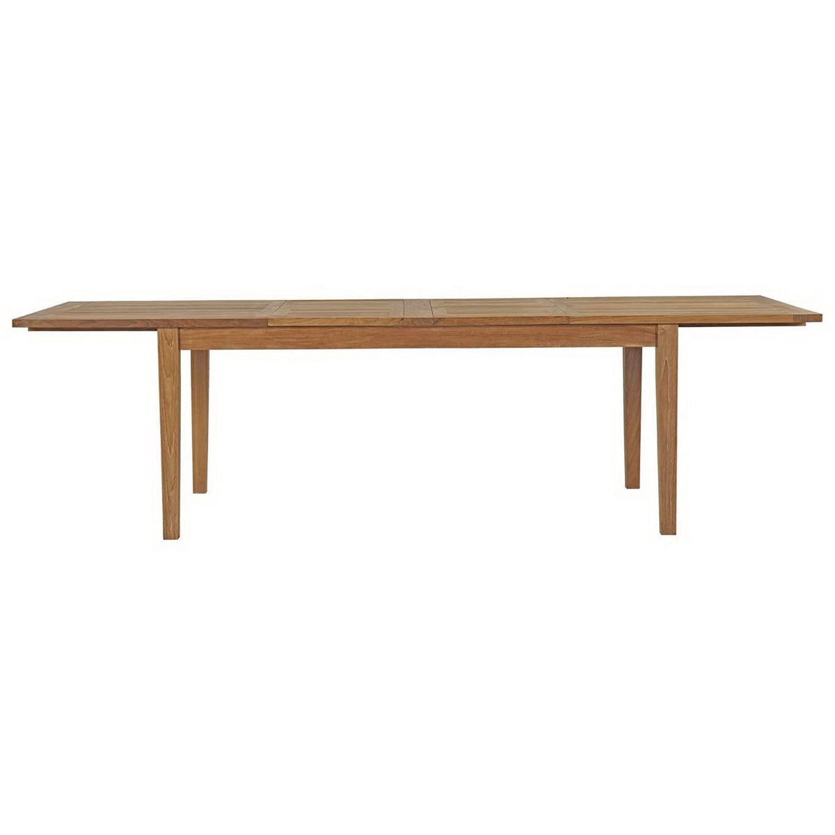 Natural teak outdoor dining table fully extended to create a long, roomy surface for gatherings || EEI-2714-NAT || front_converted_studio