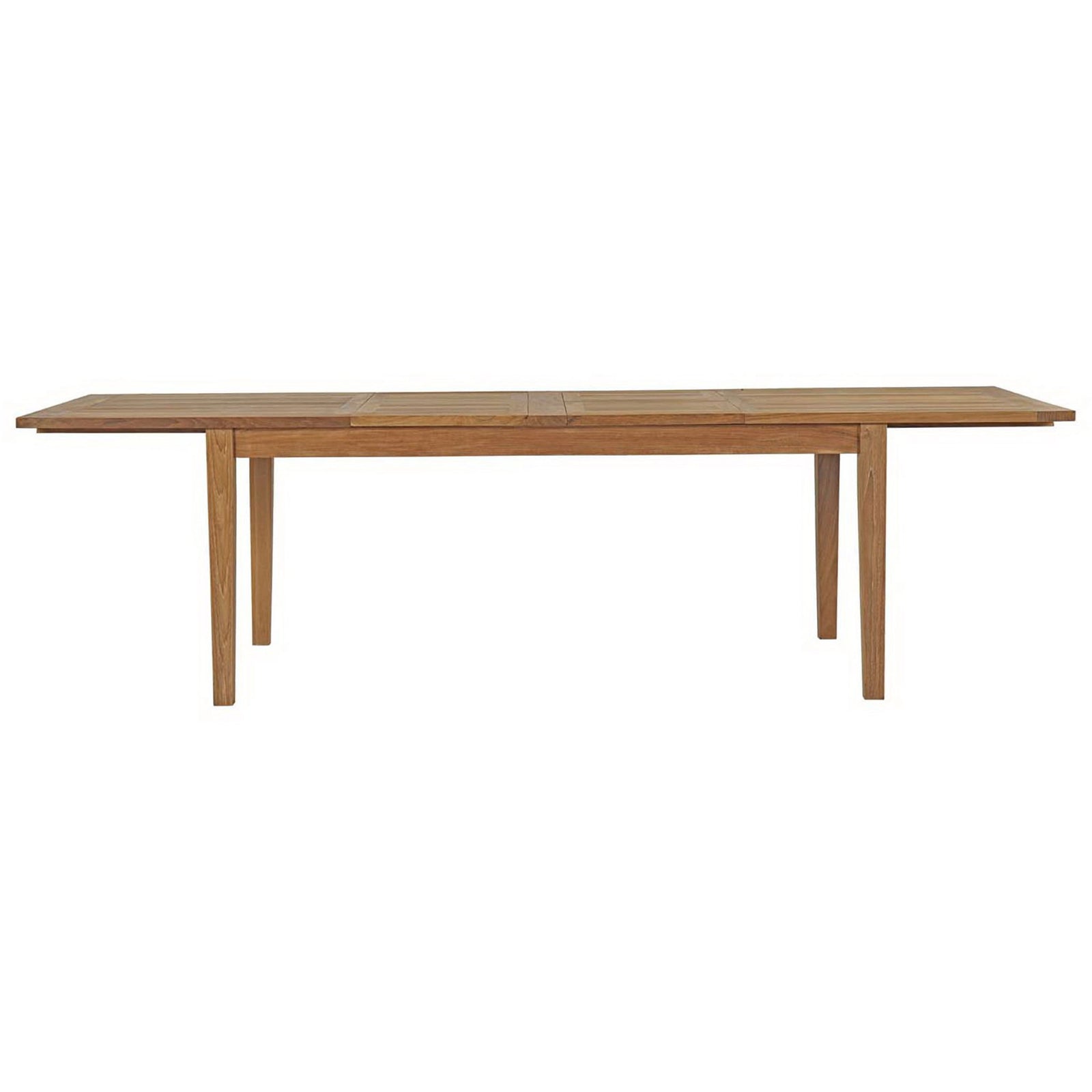 Natural teak outdoor dining table fully extended to create a long, roomy surface for gatherings || EEI-2714-NAT || front_converted_studio