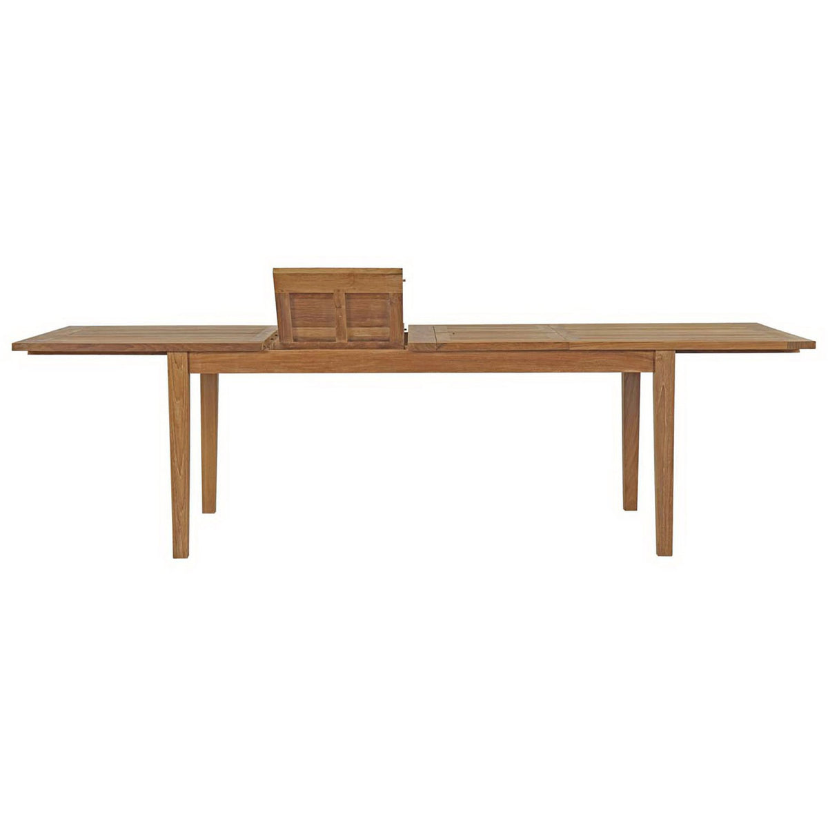 Center leaf of the teak extension table lifts up, revealing the flexible expanding design || EEI-2714-NAT || front_converted_studio