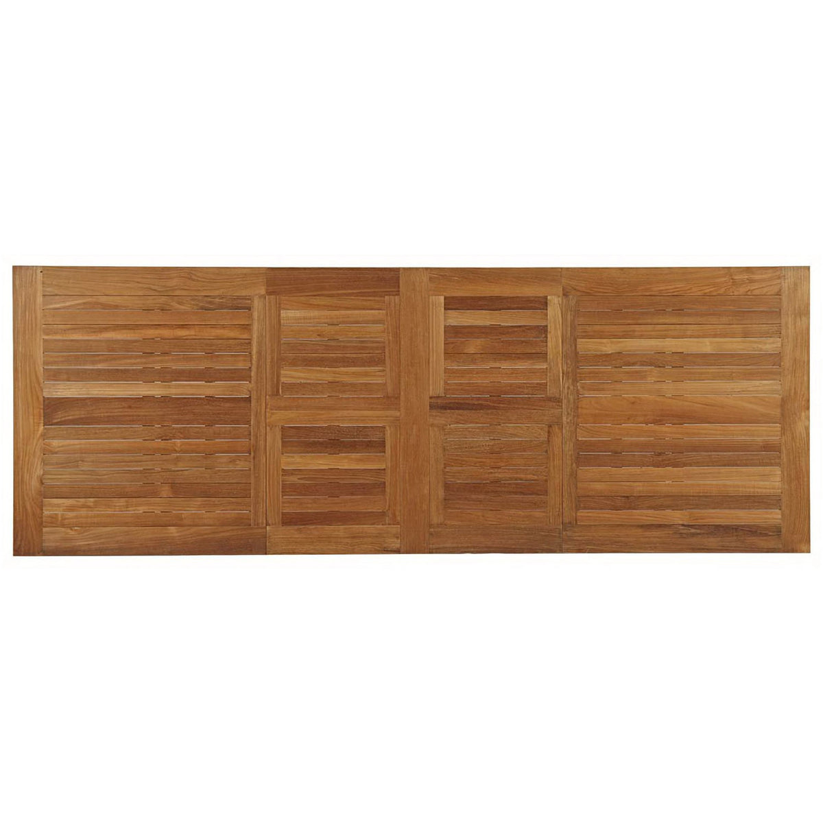 Extended teak tabletop displays multiple slatted panels for generous outdoor dining space || EEI-2714-NAT || top_converted_studio