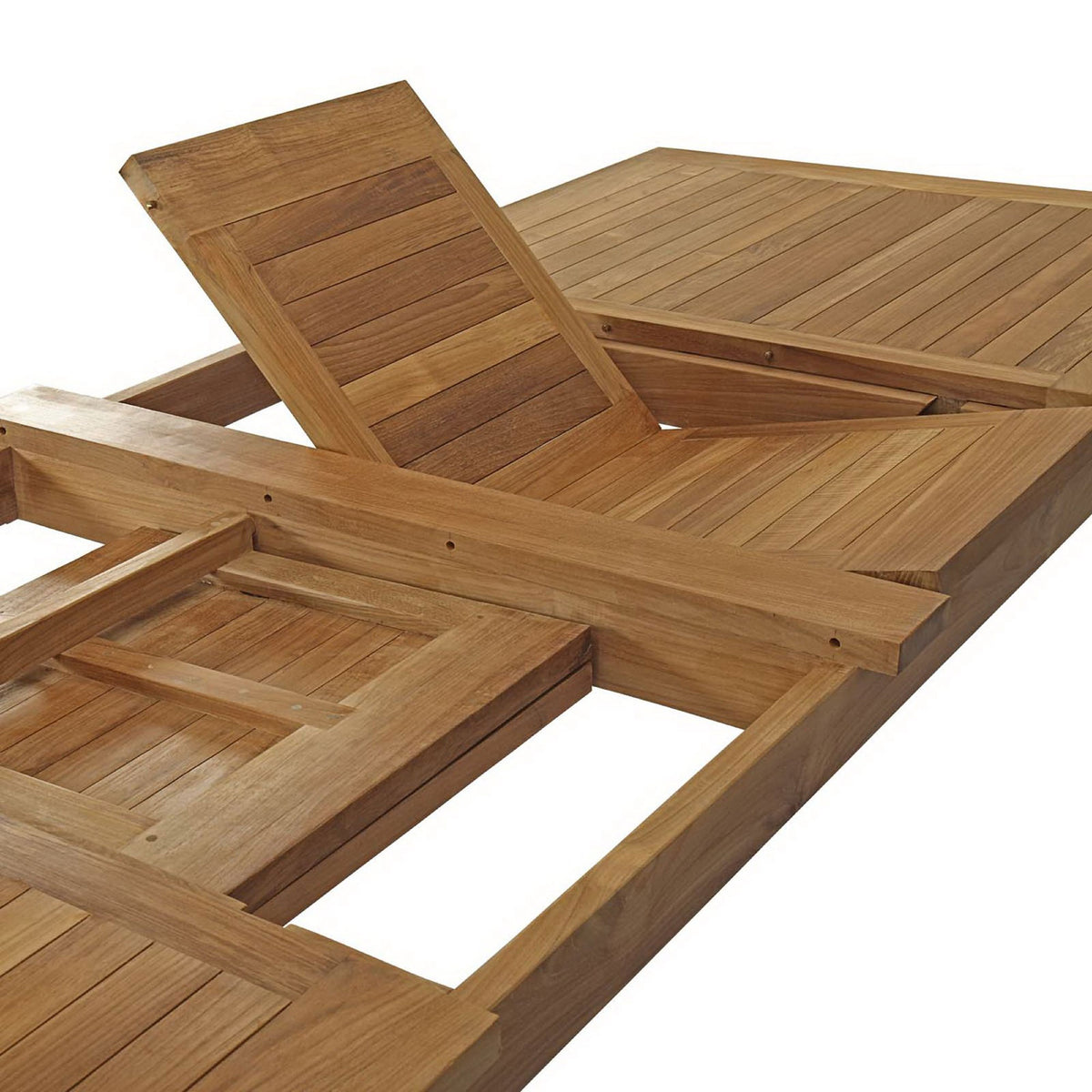 Teak extension system features sturdy rails and framing hidden beneath the tabletop || EEI-2714-NAT || detail_studio