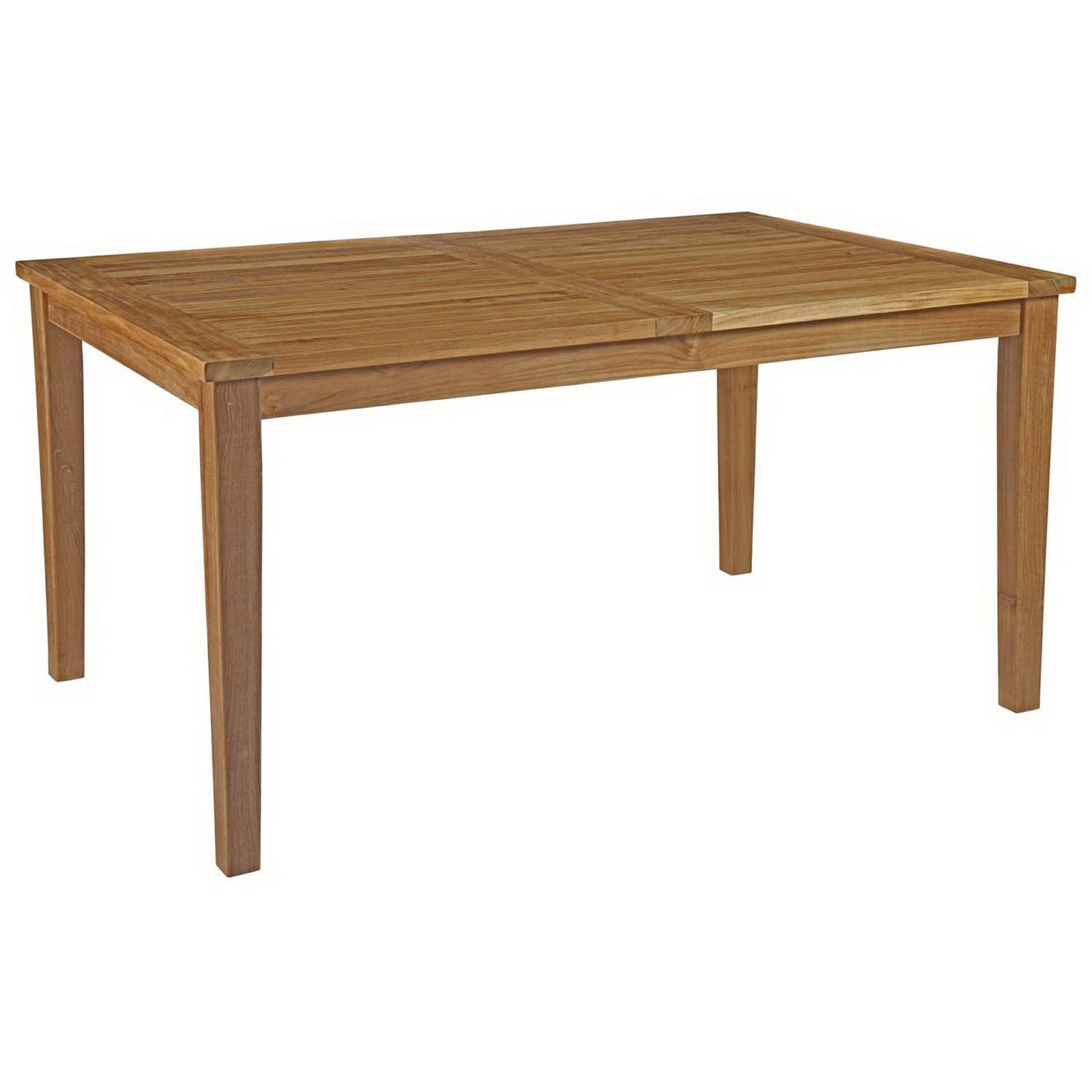 Teak outdoor dining table with tapered legs and warm natural wood grain || EEI-2716-NAT || front_angle_studio