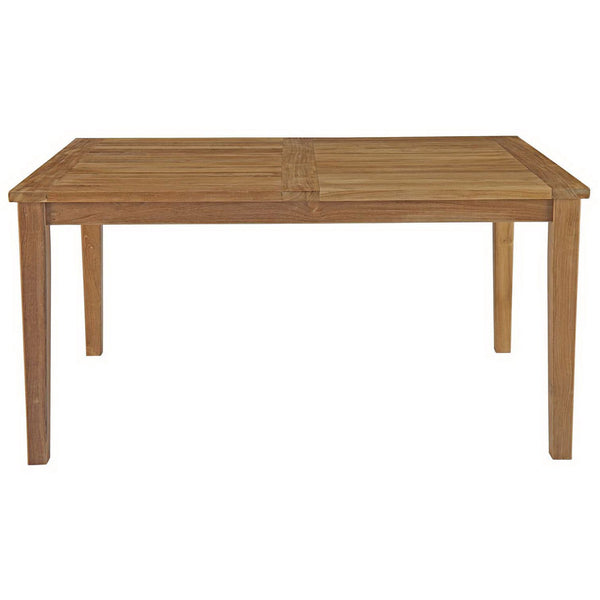 Natural teak patio dining table with compact rectangular shape and slatted top || EEI-2716-NAT || front_studio