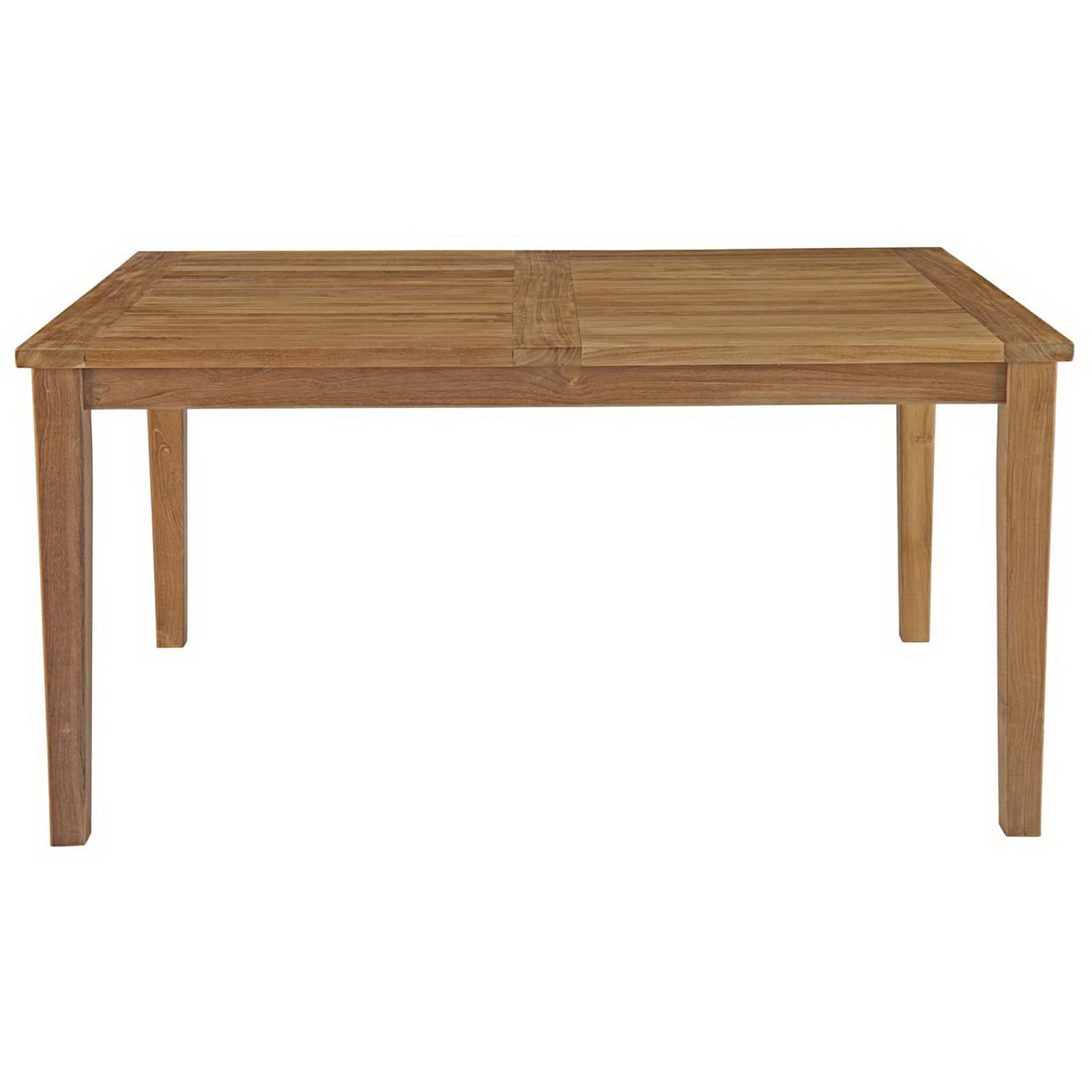 Natural teak patio dining table with compact rectangular shape and slatted top || EEI-2716-NAT || front_studio