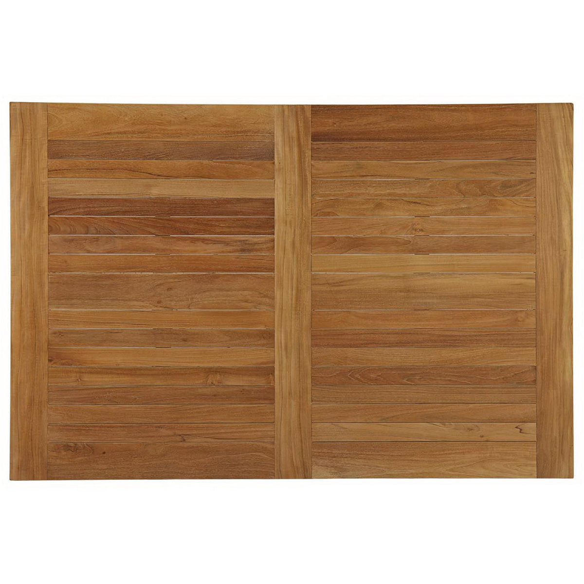 Teak tabletop with two wide slatted panels in a warm natural finish || EEI-2716-NAT || top_studio
