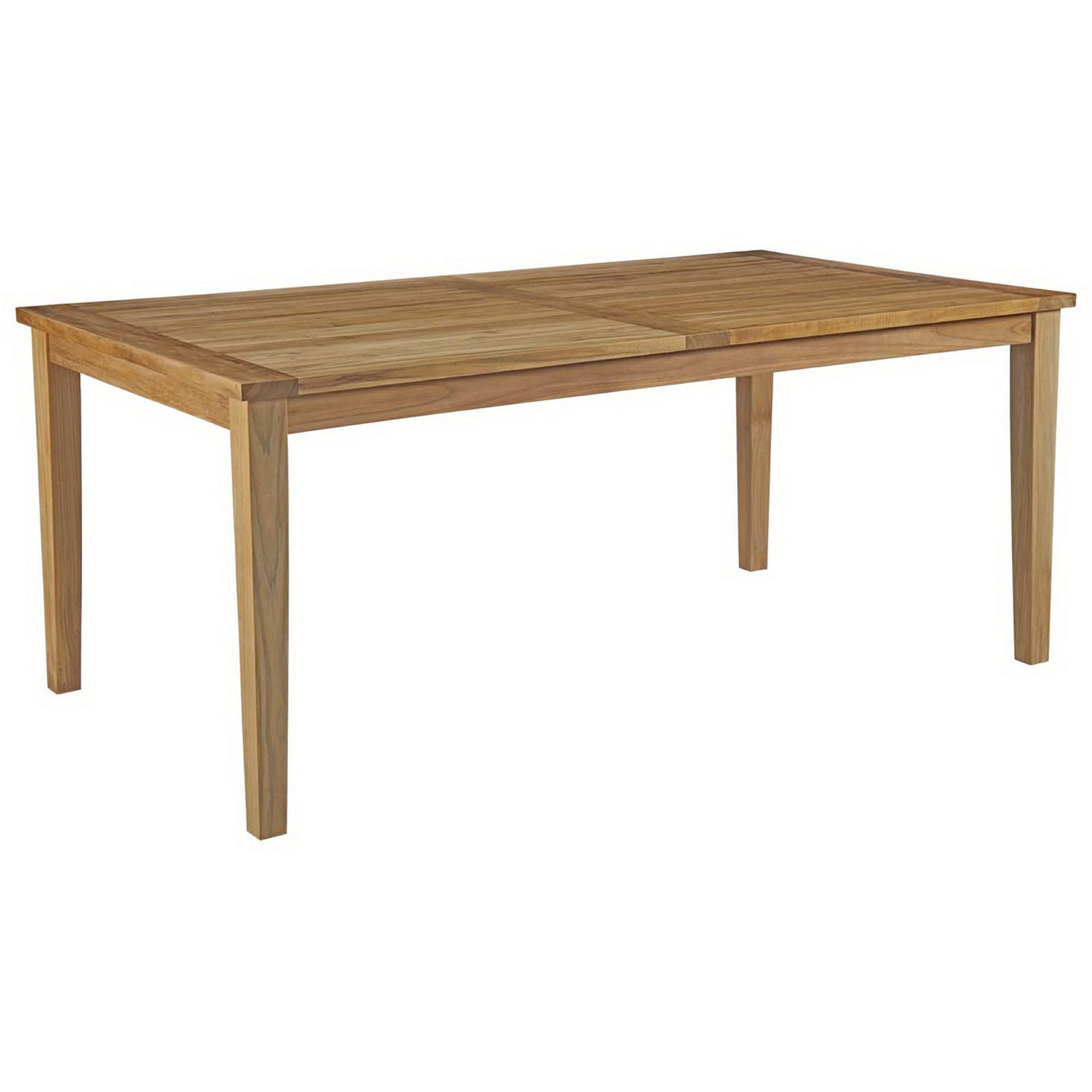 Teak outdoor dining table with slim profile and tapered legs for modern patios || EEI-2717-NAT || front_angle_studio