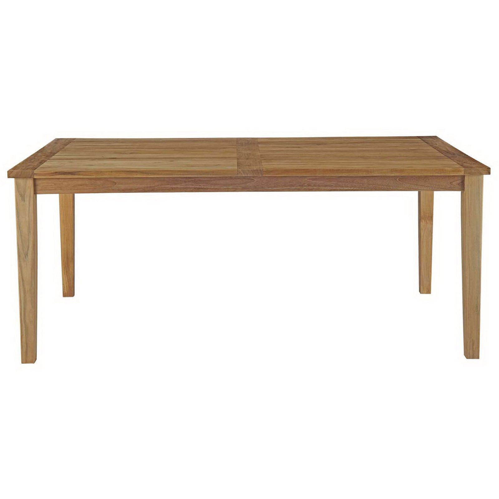 Natural teak patio dining table with elongated rectangular silhouette and slatted top || EEI-2717-NAT || front_studio