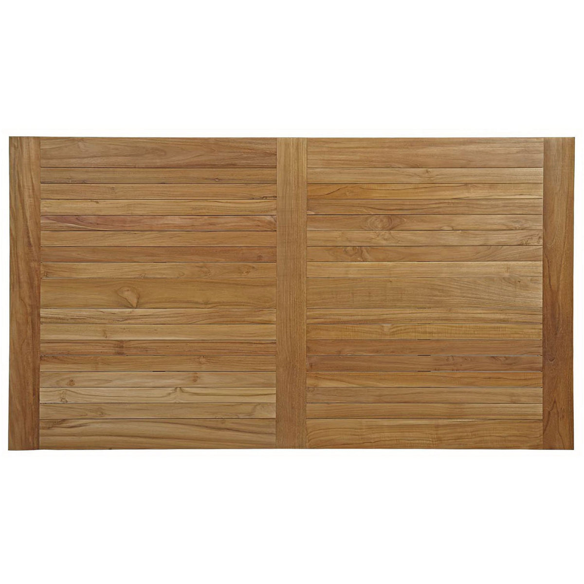 Longer teak tabletop showcasing continuous slatted planks in a natural finish || EEI-2717-NAT || top_studio