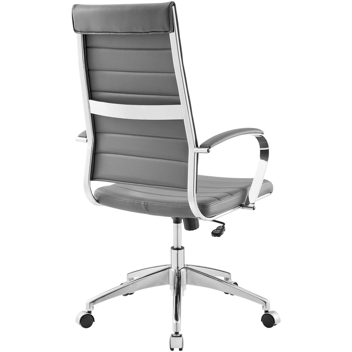 Gray executive chair highlighting the ribbed backrest, integrated lumbar band, and curved chrome frame || EEI-272-GRY || back_angle_studio
