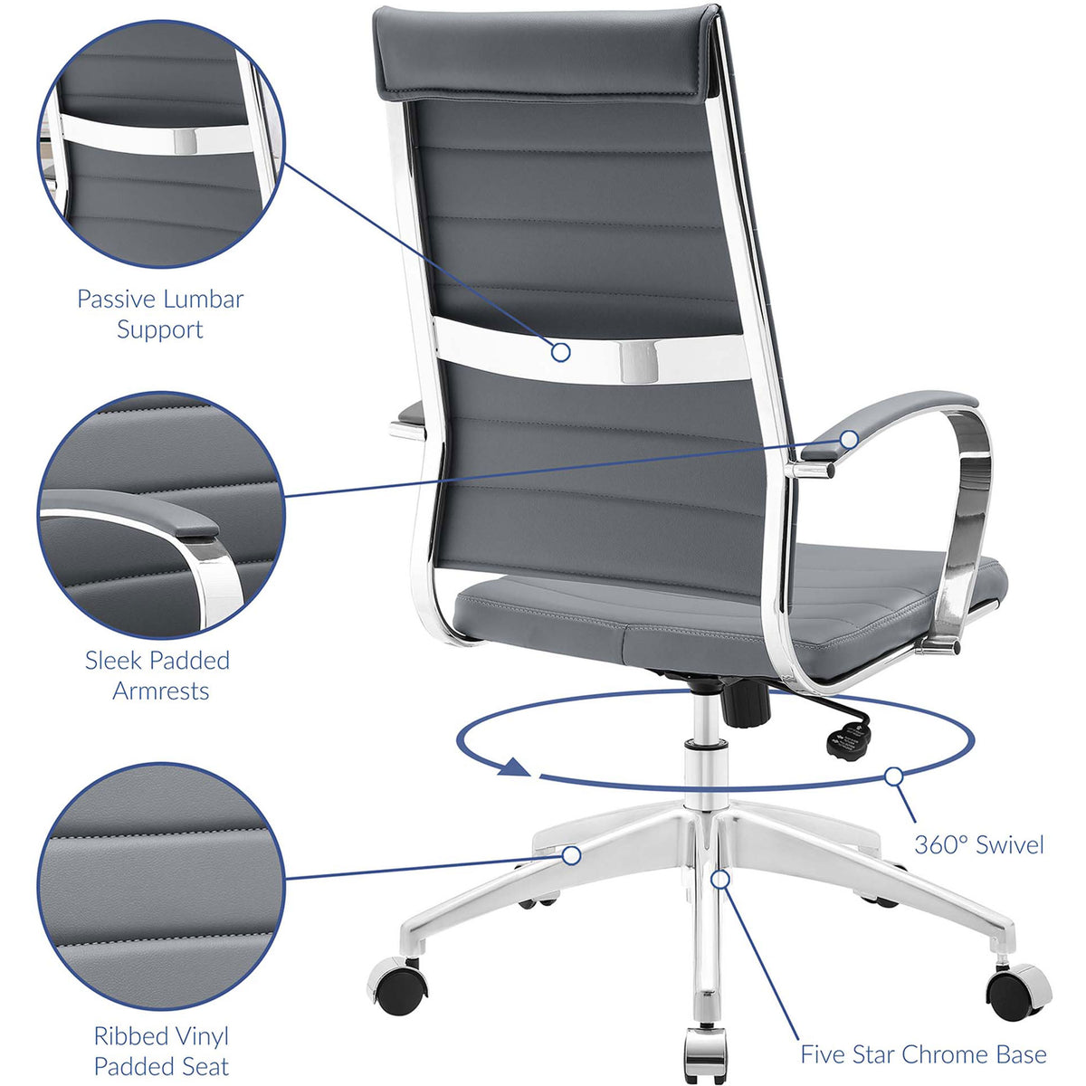 Feature diagram of gray Jive chair showing lumbar support, padded arms, ribbed seat, swivel function, and chrome base || EEI-272-GRY || callout_studio