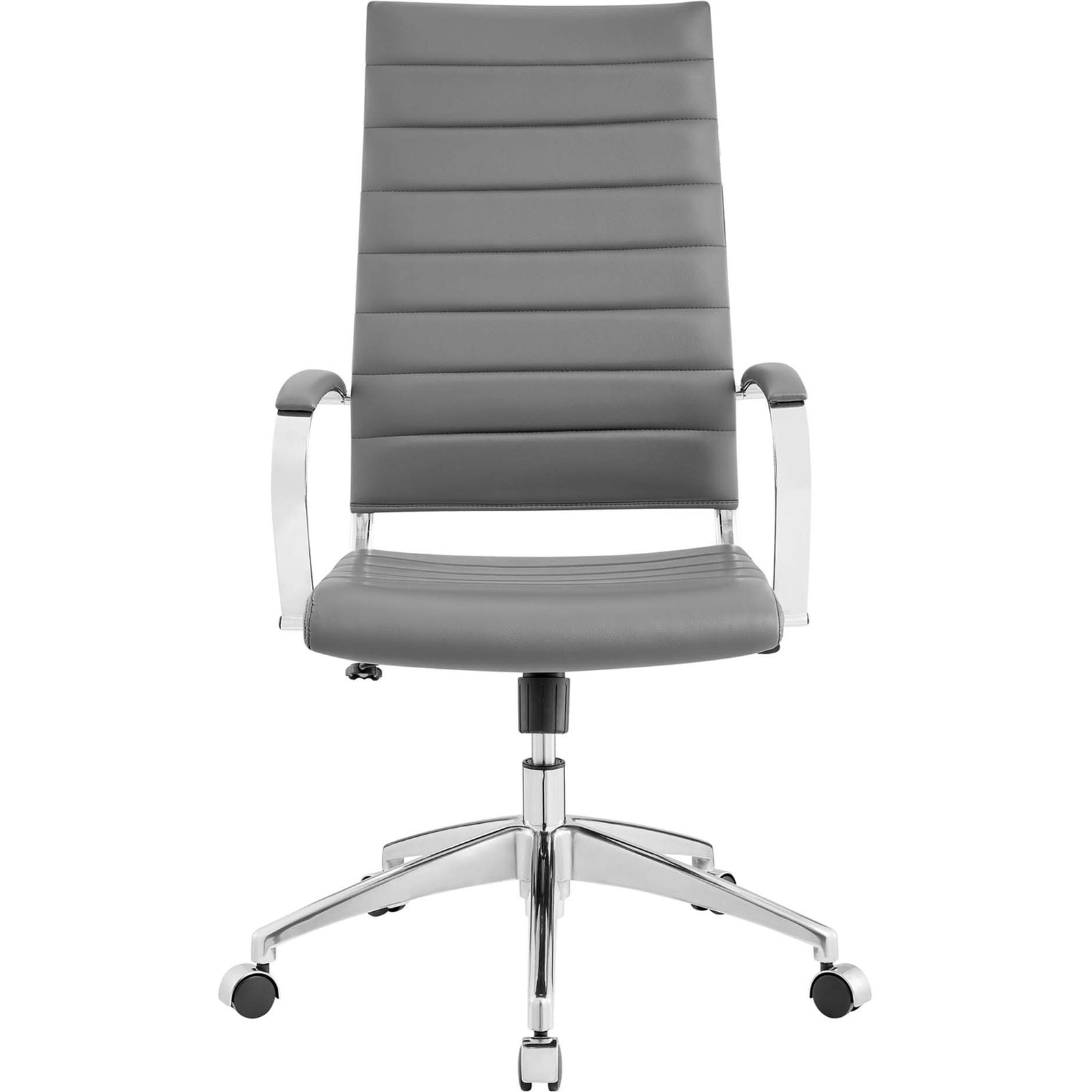 Gray high back office chair with ribbed vinyl upholstery, padded arms, and a polished five star swivel base || EEI-272-GRY || front_studio