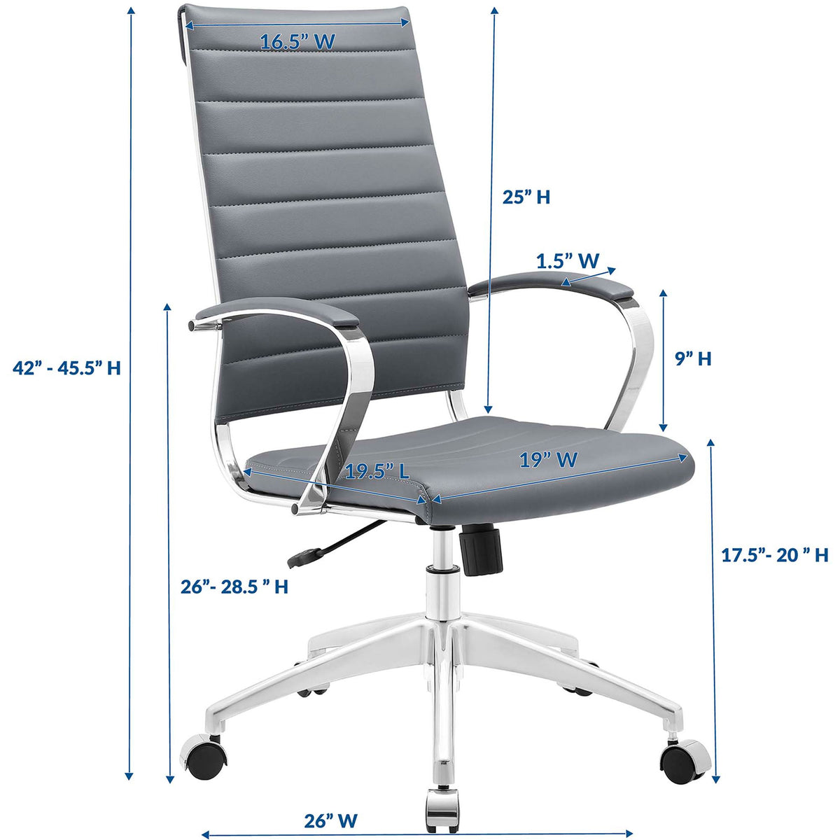 Dimension diagram of gray Jive high back office chair with labeled seat, back, arm, and height measurements || EEI-272-GRY || dimension_studio
