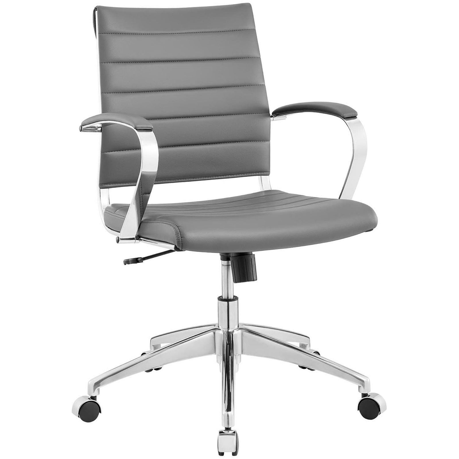 Modern gray ribbed mid-back office chair with padded vinyl seat and adjustable height chrome base. || EEI-273-GRY || front_studio