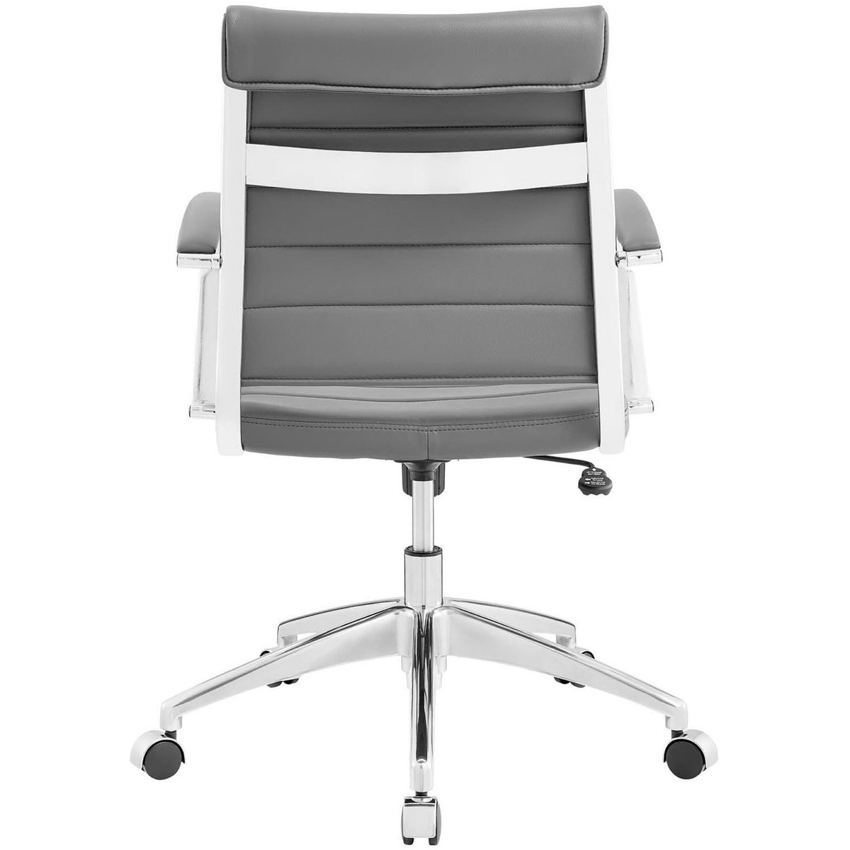 Gray office chair featuring supportive padded back, integrated headrest, and gleaming chrome frame. || EEI-273-GRY || back_studio