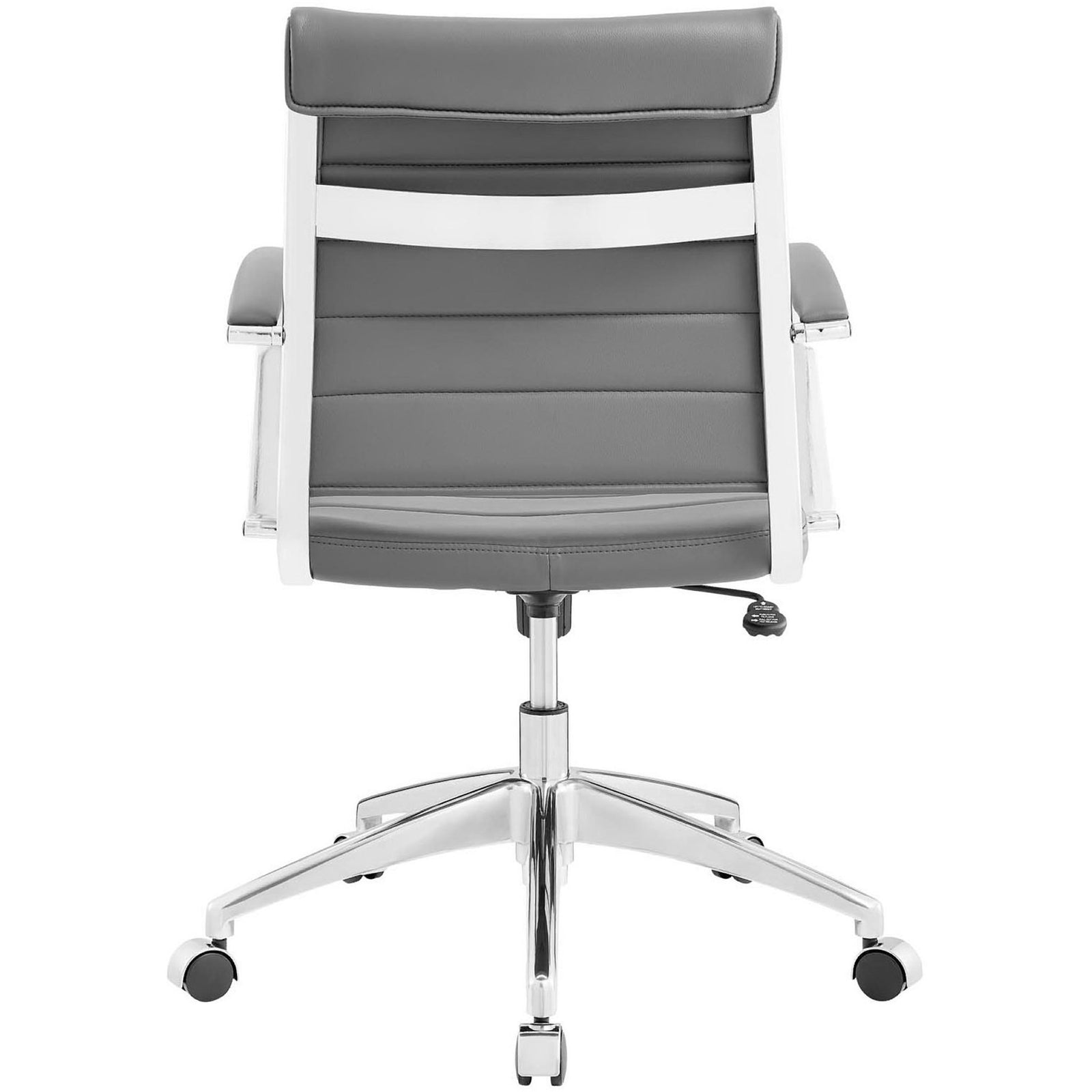 Gray office chair featuring supportive padded back, integrated headrest, and gleaming chrome frame. || EEI-273-GRY || back_studio