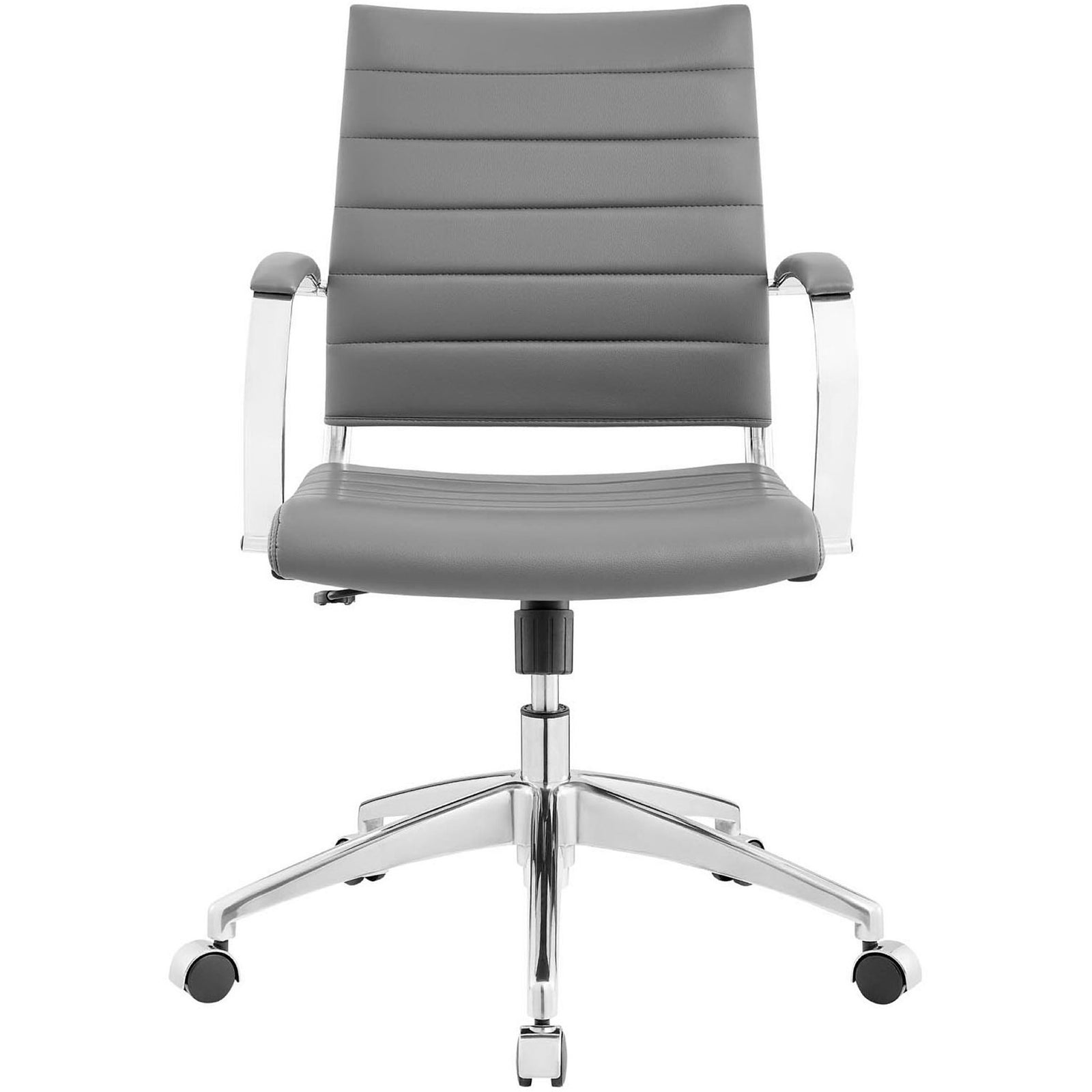 Modern gray ribbed mid-back office chair with padded vinyl seat and adjustable height chrome base. || EEI-273-GRY || front_studio