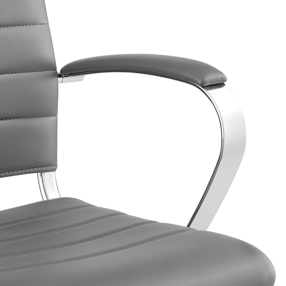 Detail of gray office chair with padded vinyl armrest, ribbed stitching, and curved chrome support. || EEI-273-GRY || detail_studio