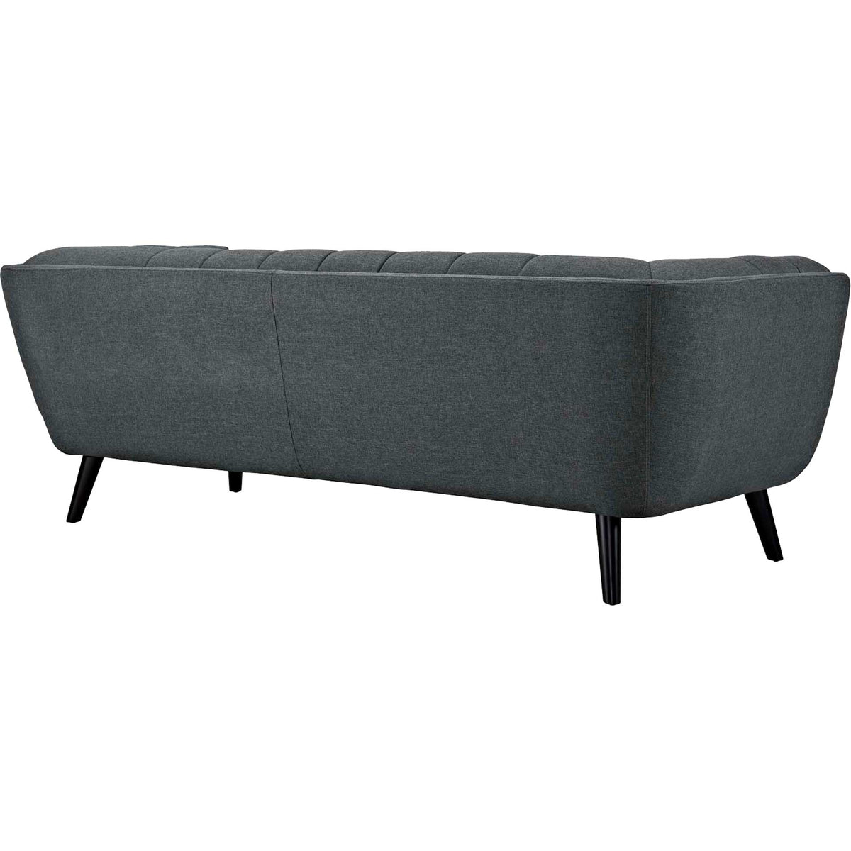 Smooth gray fabric wraps the sofa's broad, curved back above splayed black legs