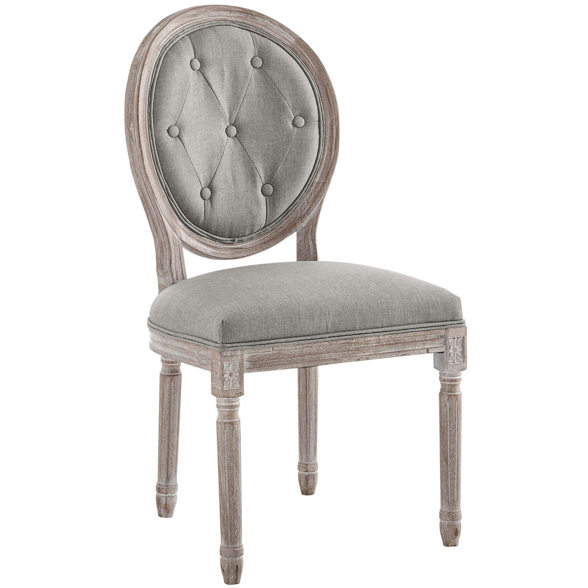 Light gray upholstery and a weathered wood frame give this button-tufted oval-back chair vintage appeal || EEI-2795-LGR || front_angle_studio
