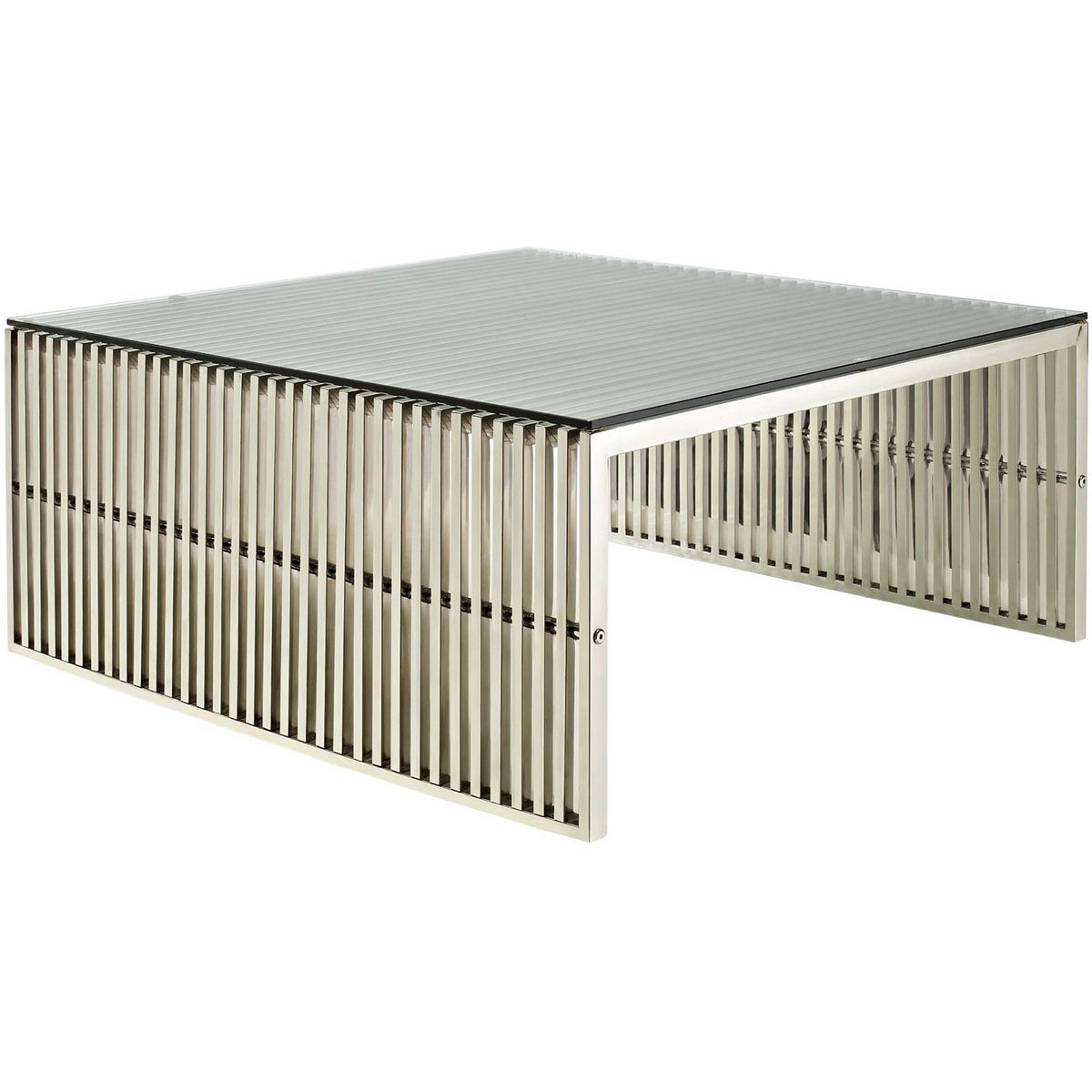 Sleek square coffee table with a tempered glass top and polished stainless steel slat base. || EEI-284-SLV || front_angle_studio
