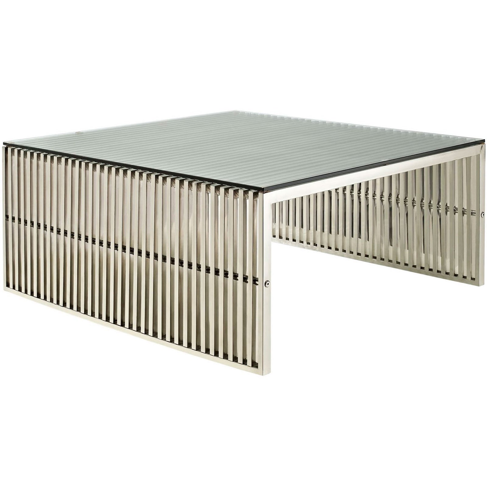 Sleek square coffee table with a tempered glass top and polished stainless steel slat base. || EEI-284-SLV || front_angle_studio