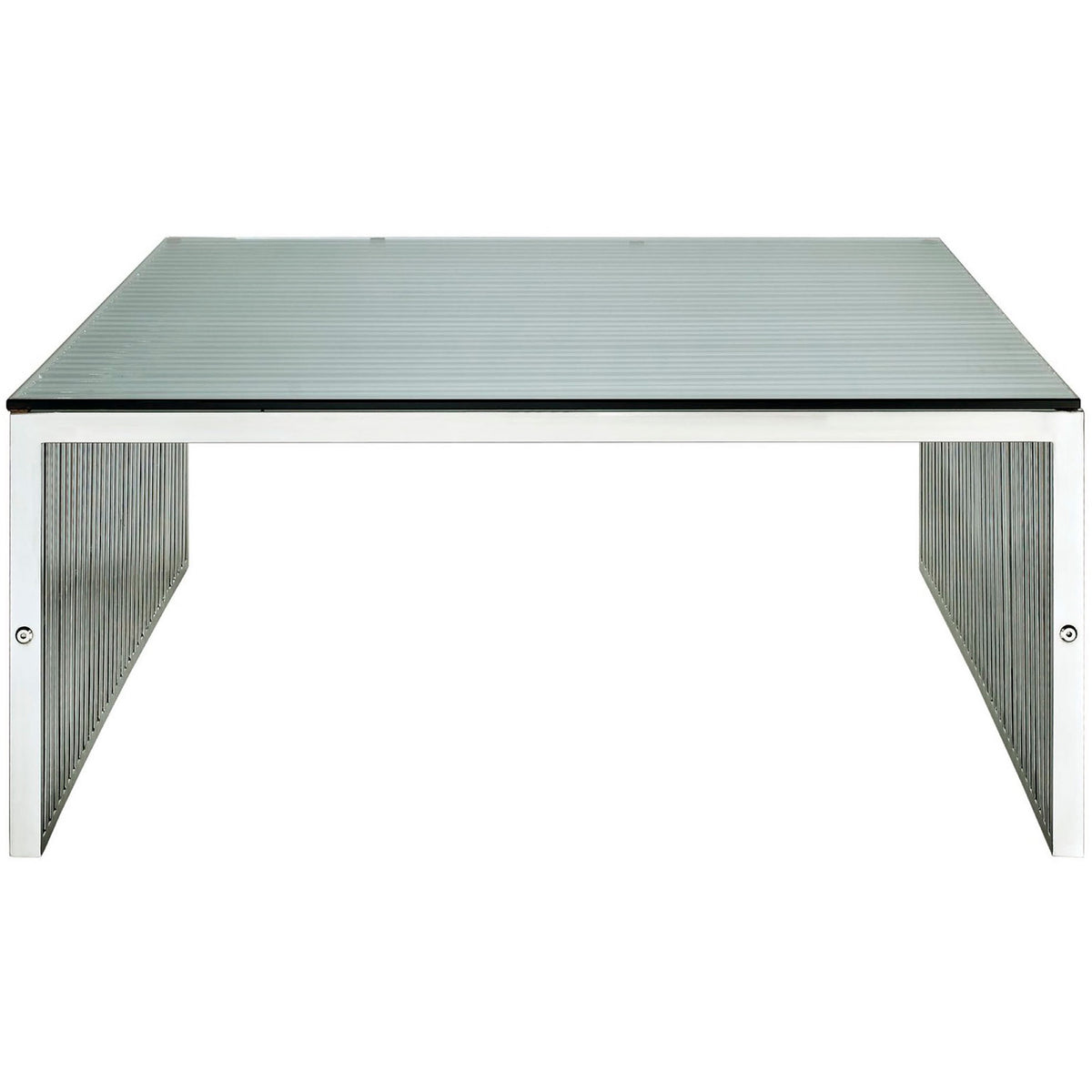 Tempered glass surface on a gleaming stainless steel grid base for bold, modern style. || EEI-284-SLV || front_studio