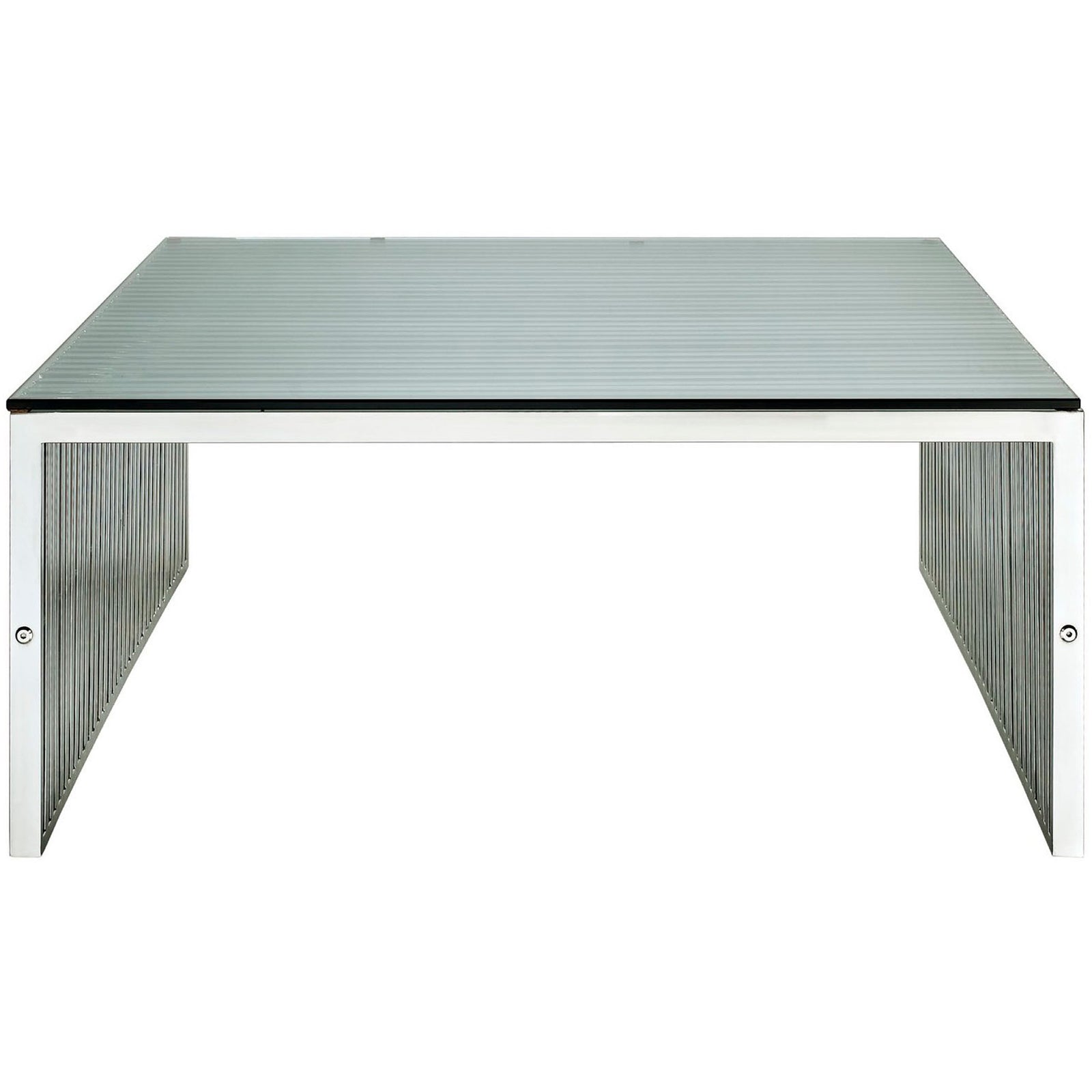 Tempered glass surface on a gleaming stainless steel grid base for bold, modern style. || EEI-284-SLV || front_studio