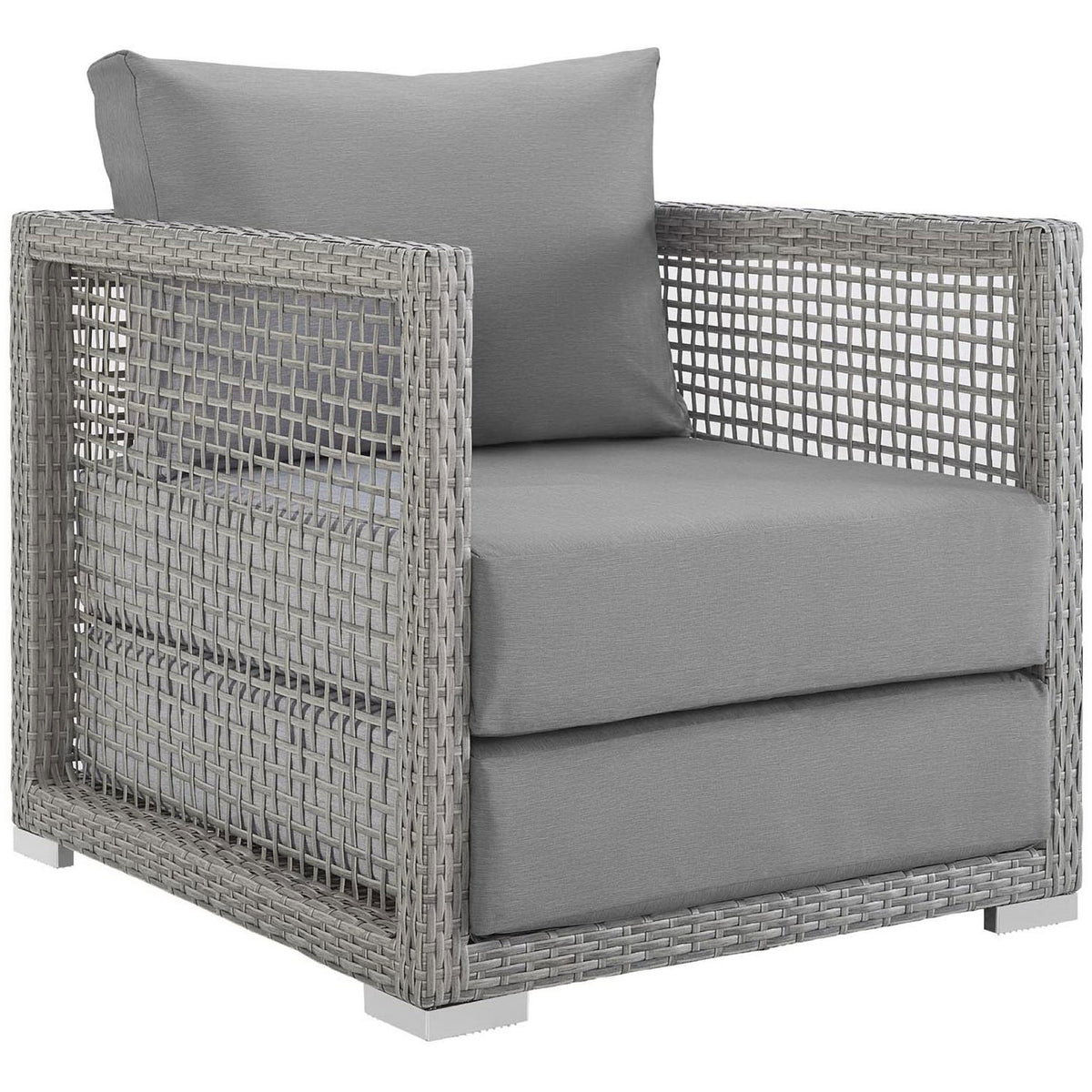 Gray wicker outdoor armchair with plush gray seat and back cushions for modern patio lounging || EEI-2918-GRY-GRY || front_angle_studio