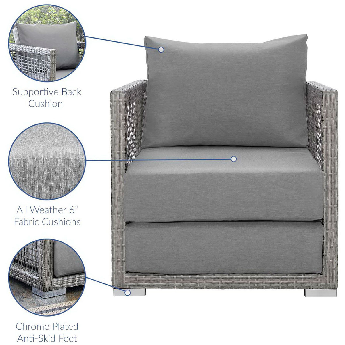 Front view highlighting supportive back cushion, 6 inch all weather seat cushions, and chrome anti skid feet || EEI-2918-GRY-GRY || callout_studio