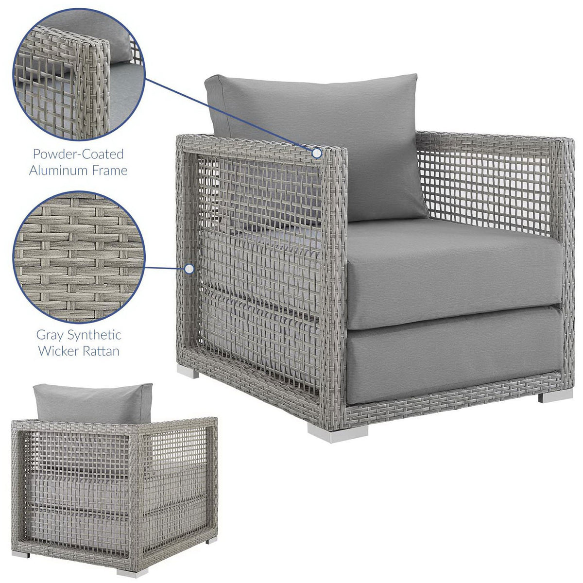 Feature view calling out powder coated aluminum frame and gray synthetic wicker rattan construction || EEI-2918-GRY-GRY || callout_studio