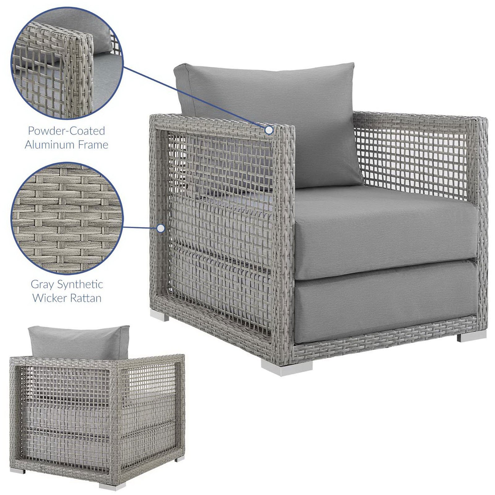 Feature view calling out powder coated aluminum frame and gray synthetic wicker rattan construction || EEI-2918-GRY-GRY || callout_studio