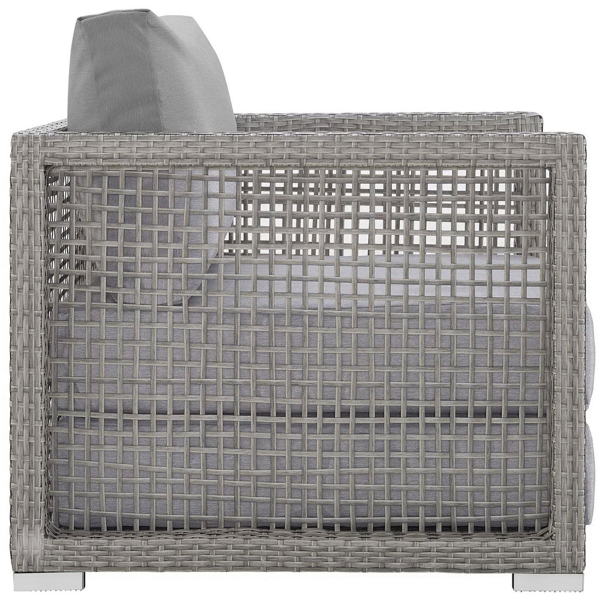 Boxy gray rattan armchair with open grid sides, deep all weather cushions, and chrome block feet || EEI-2918-GRY-GRY || side_studio