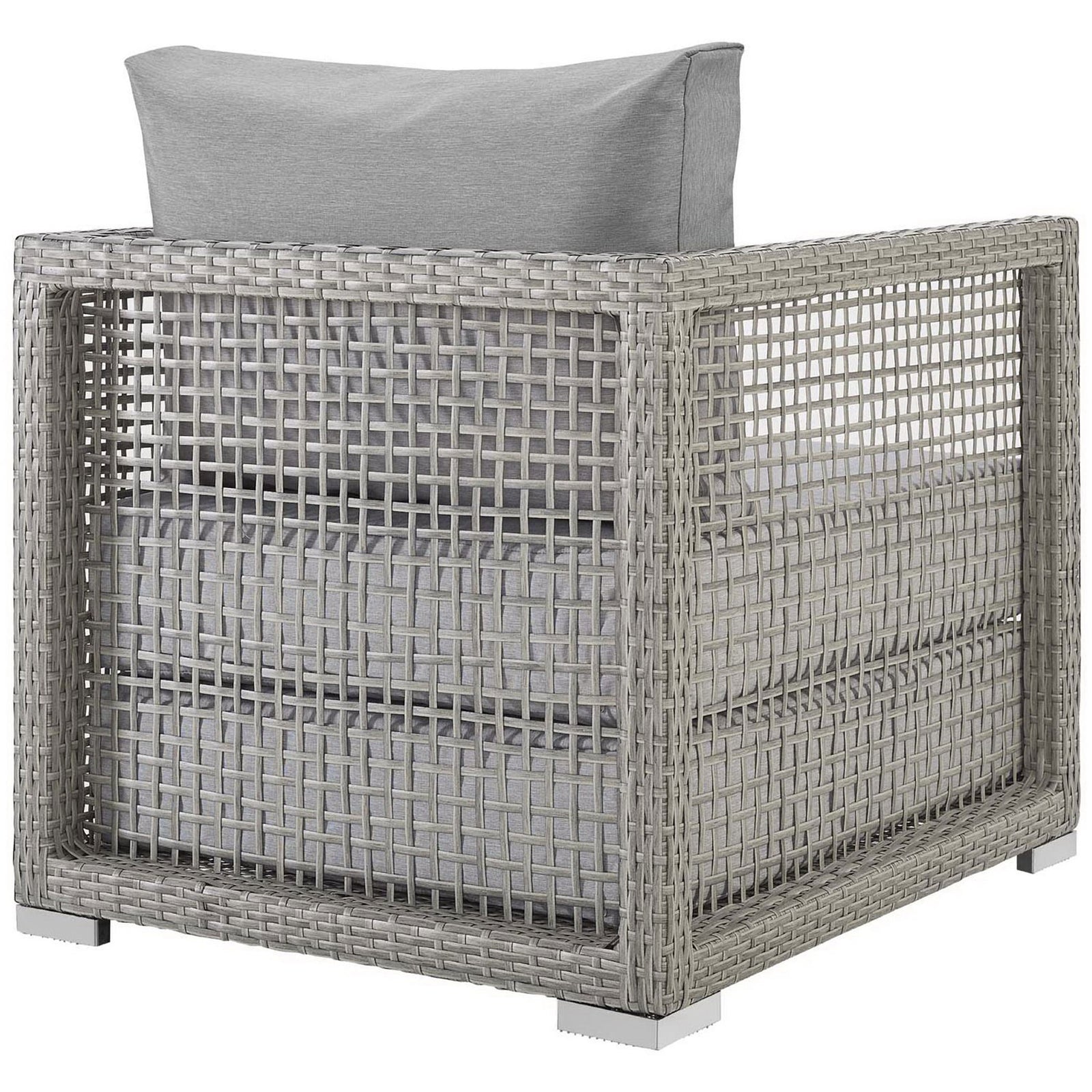 Gray woven rattan armchair showing full wraparound frame and thick gray back pillow for support || EEI-2918-GRY-GRY || back_angle_studio