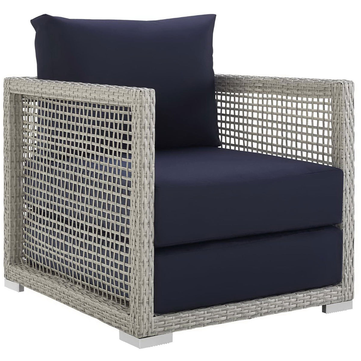 Gray wicker outdoor armchair with deep navy seat and back cushions for bold modern patio seating || EEI-2918-GRY-NAV || front_angle_studio