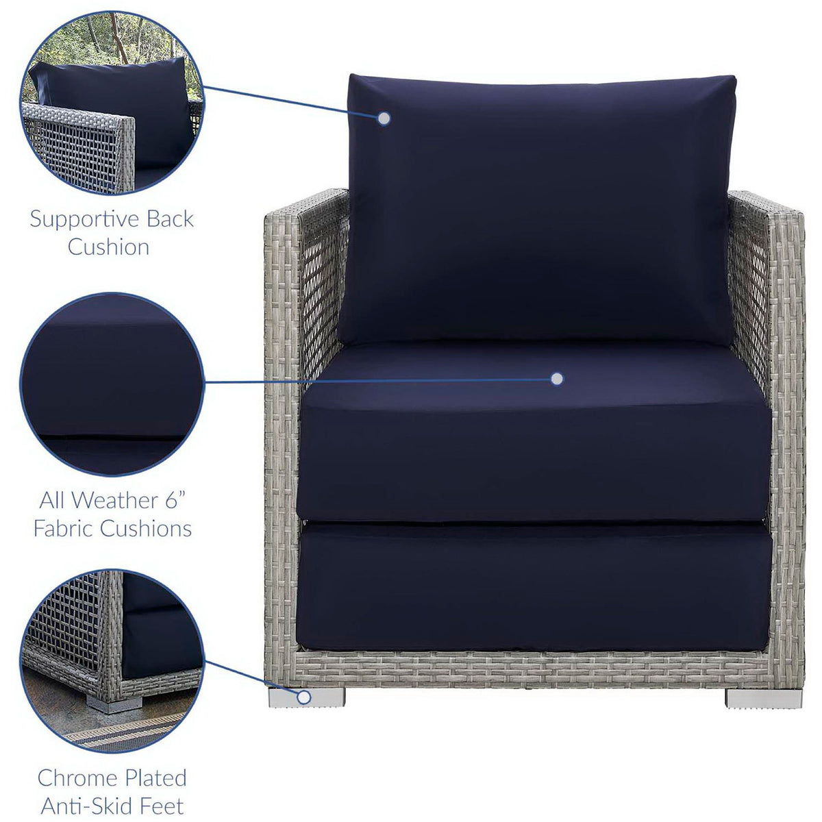 Front view highlighting supportive navy back cushion, thick 6 inch seat cushions, and chrome anti skid feet || EEI-2918-GRY-NAV || callout_studio