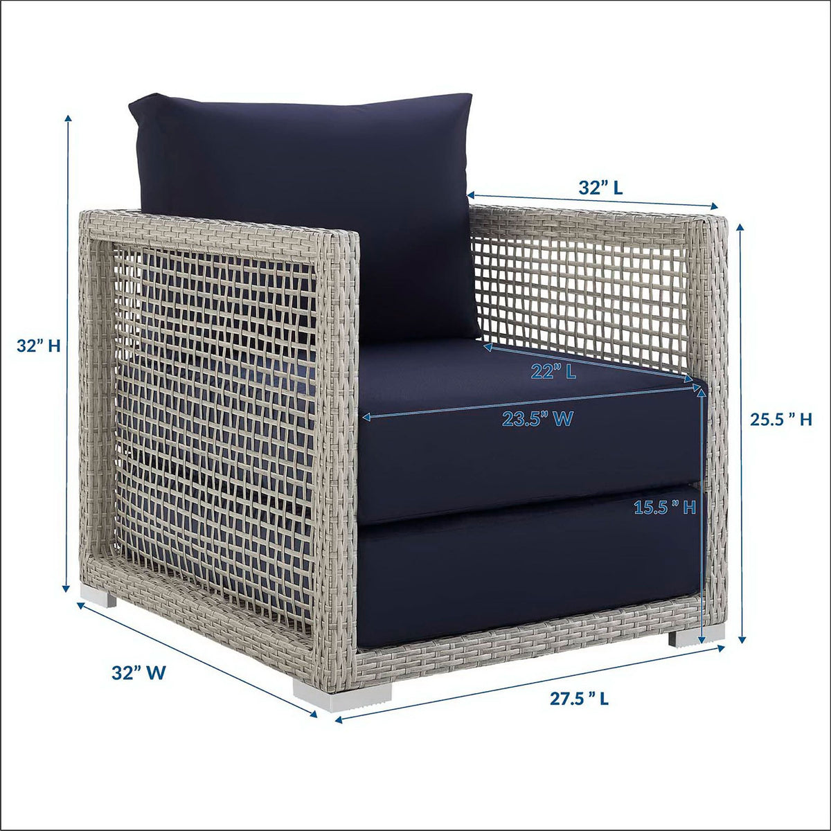 Diagram showing Aura armchair with navy cushions and labeled dimensions for seat width, depth, and height || EEI-2918-GRY-NAV || dimension_studio