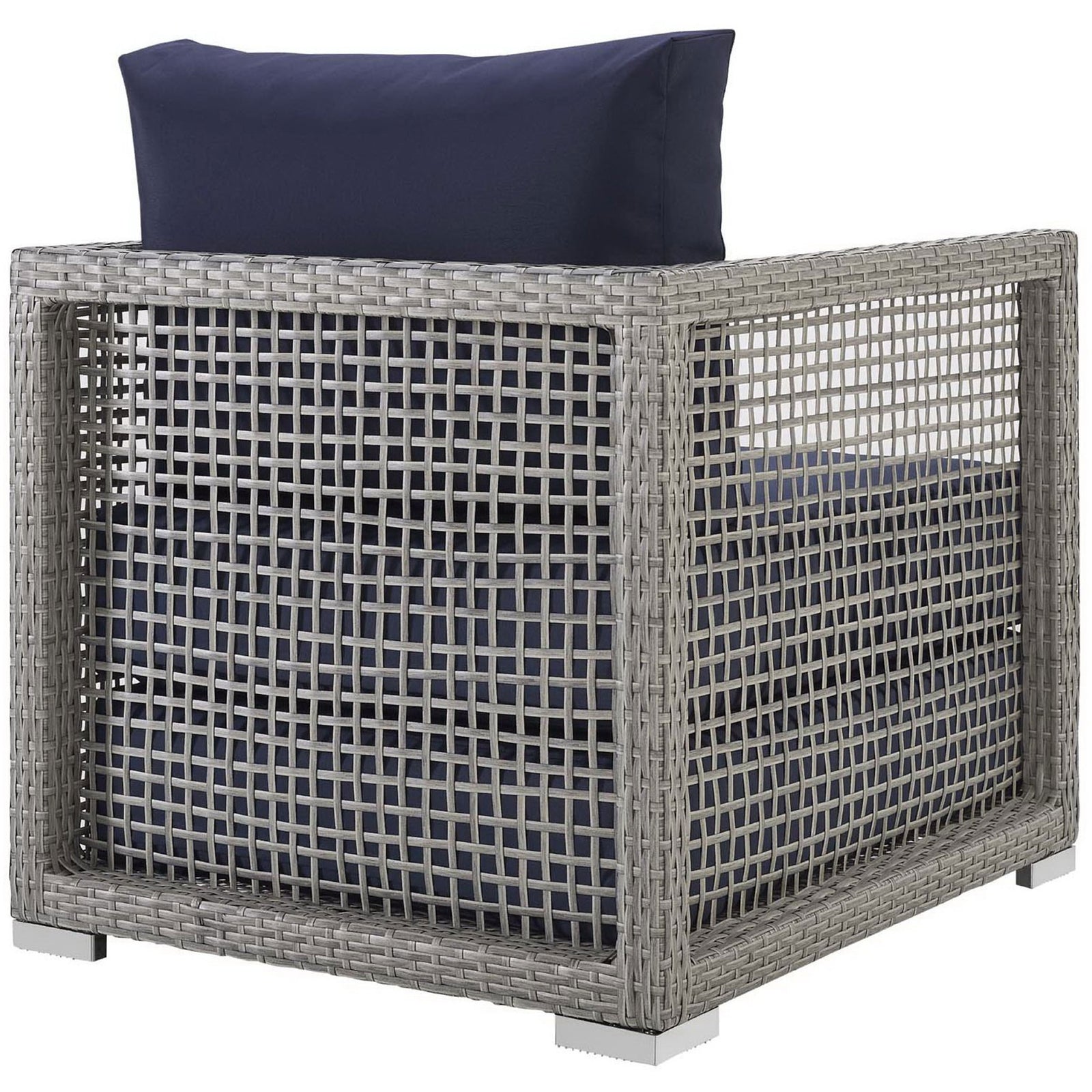 Gray woven rattan armchair showcasing full back panel and plush navy cushion for cozy support || EEI-2918-GRY-NAV || back_angle_studio
