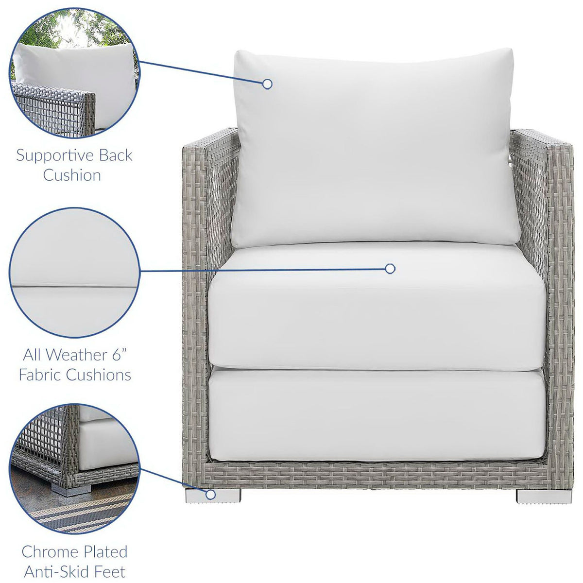 Front view highlighting supportive white back cushion, thick 6 inch seat cushions, and chrome feet || EEI-2918-GRY-WHI || callout_studio