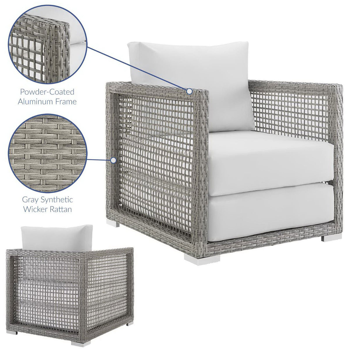 Feature image calling out powder coated aluminum frame and durable gray synthetic wicker rattan || EEI-2918-GRY-WHI || callout_studio