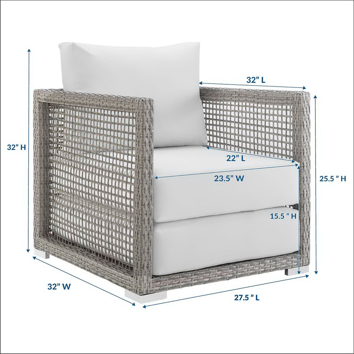 Diagram showing Aura armchair with white cushions and labeled seat, width, depth, and height dimensions || EEI-2918-GRY-WHI || dimension_studio