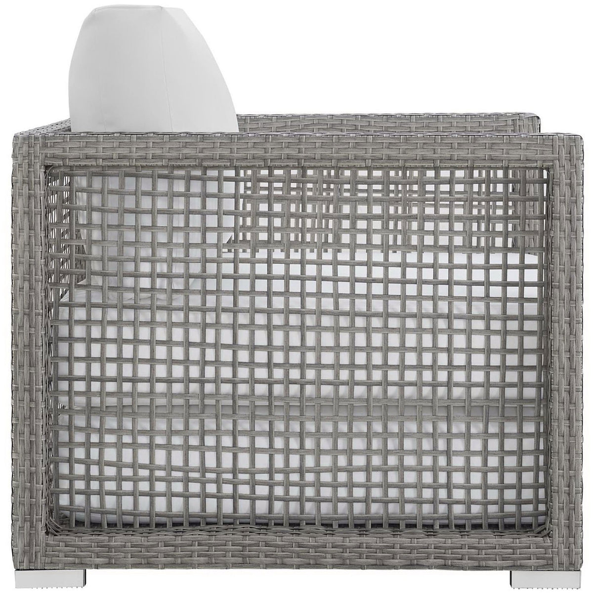 Boxy rattan armchair in gray weave with thick white all weather cushions and chrome block feet || EEI-2918-GRY-WHI || side_studio
