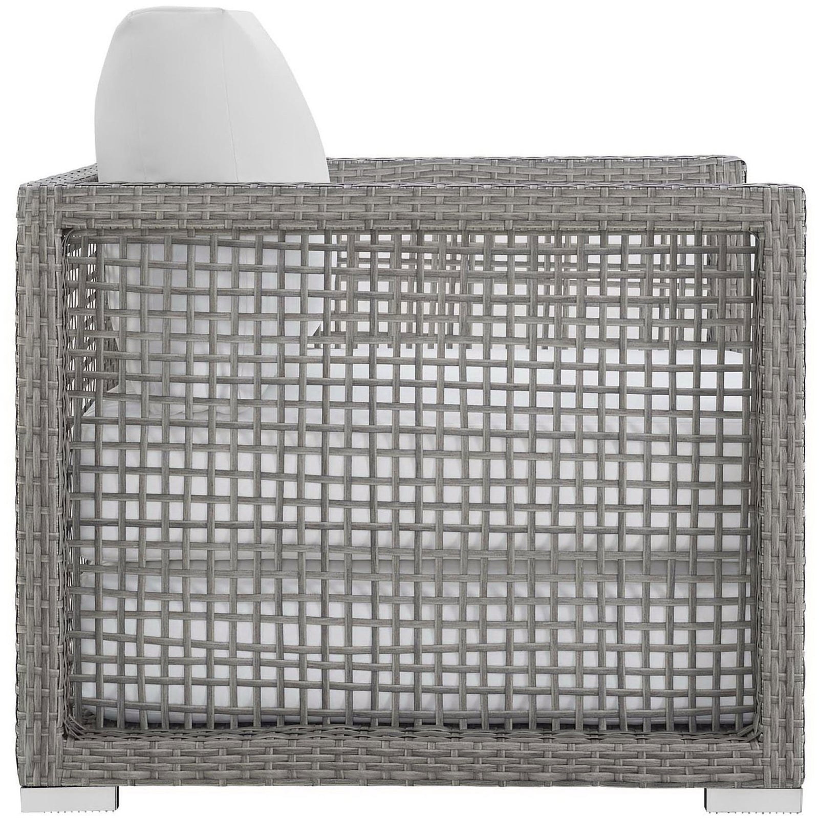 Boxy rattan armchair in gray weave with thick white all weather cushions and chrome block feet || EEI-2918-GRY-WHI || side_studio
