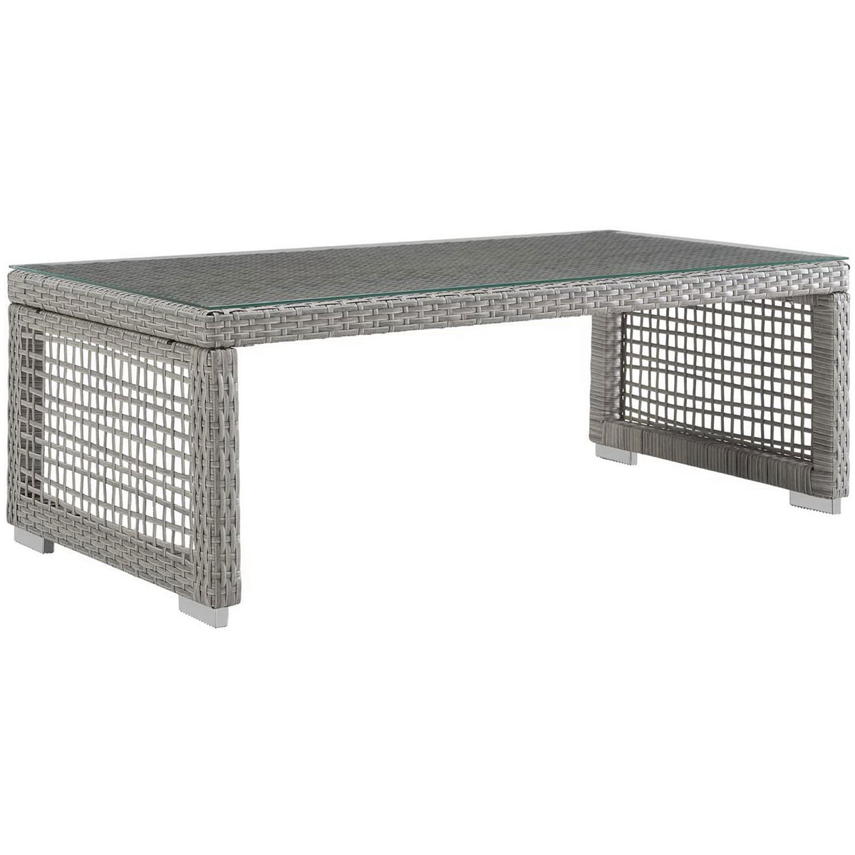 Gray wicker outdoor coffee table with tempered glass top and open lattice sides for airy modern style || EEI-2919-GRY || front_angle_studio