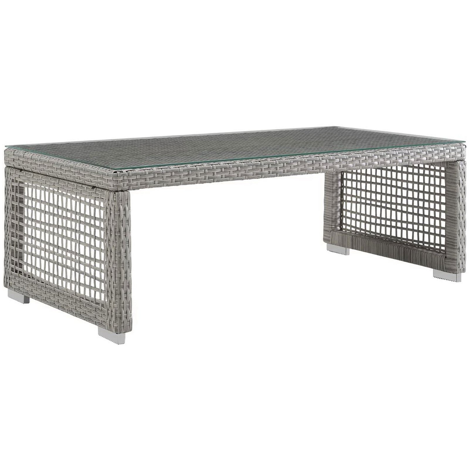 Gray wicker outdoor coffee table with tempered glass top and open lattice sides for airy modern style || EEI-2919-GRY || front_angle_studio