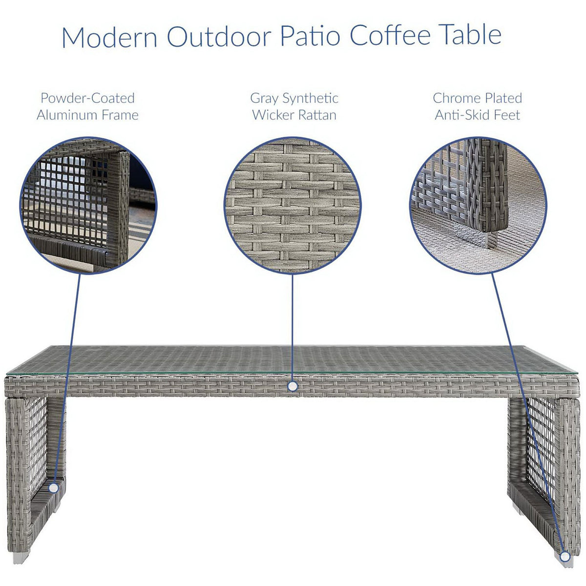 Modern gray wicker coffee table highlighting powder-coated aluminum frame and chrome plated anti-skid feet || EEI-2919-GRY || callout_studio