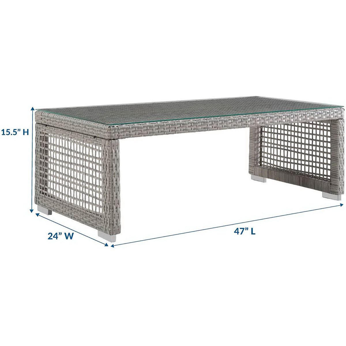 Rectangular gray rattan coffee table with tempered glass top and clearly labeled width, length, and height || EEI-2919-GRY || dimension_studio