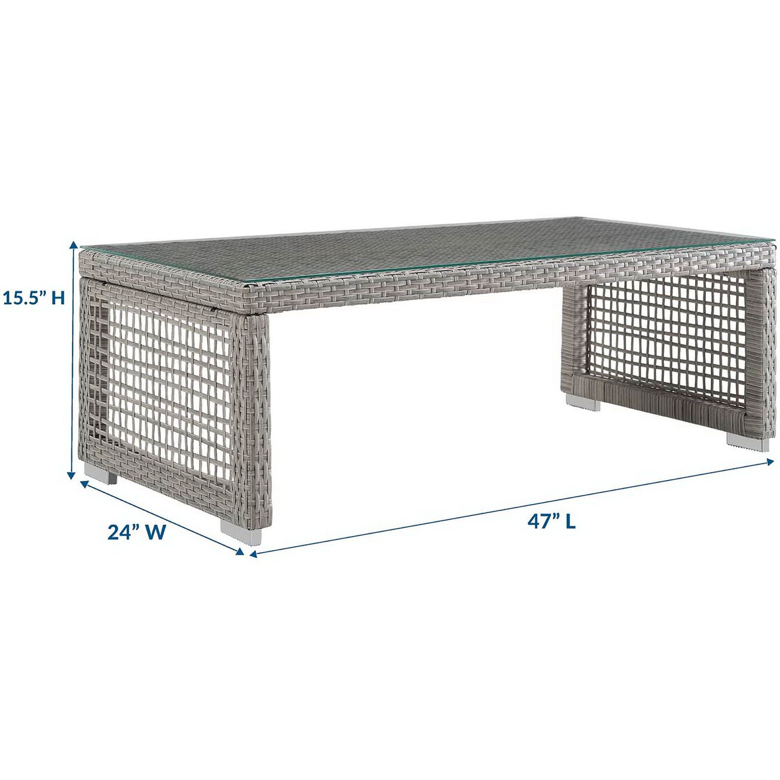Rectangular gray rattan coffee table with tempered glass top and clearly labeled width, length, and height || EEI-2919-GRY || dimension_studio